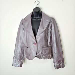Y2K BEBE Iridescent Purple Metallic Genuine Leather Blazer Jacket Women's Sz M